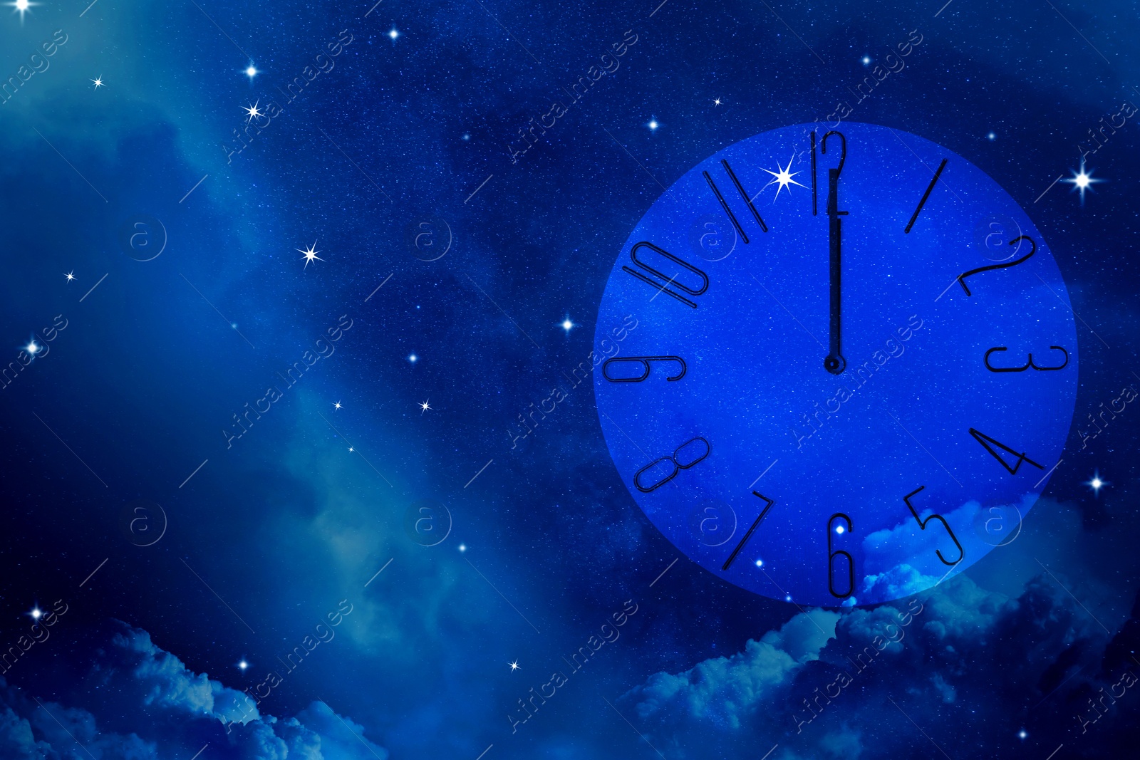 Image of Clock and night starry sky, double exposure. Time concept