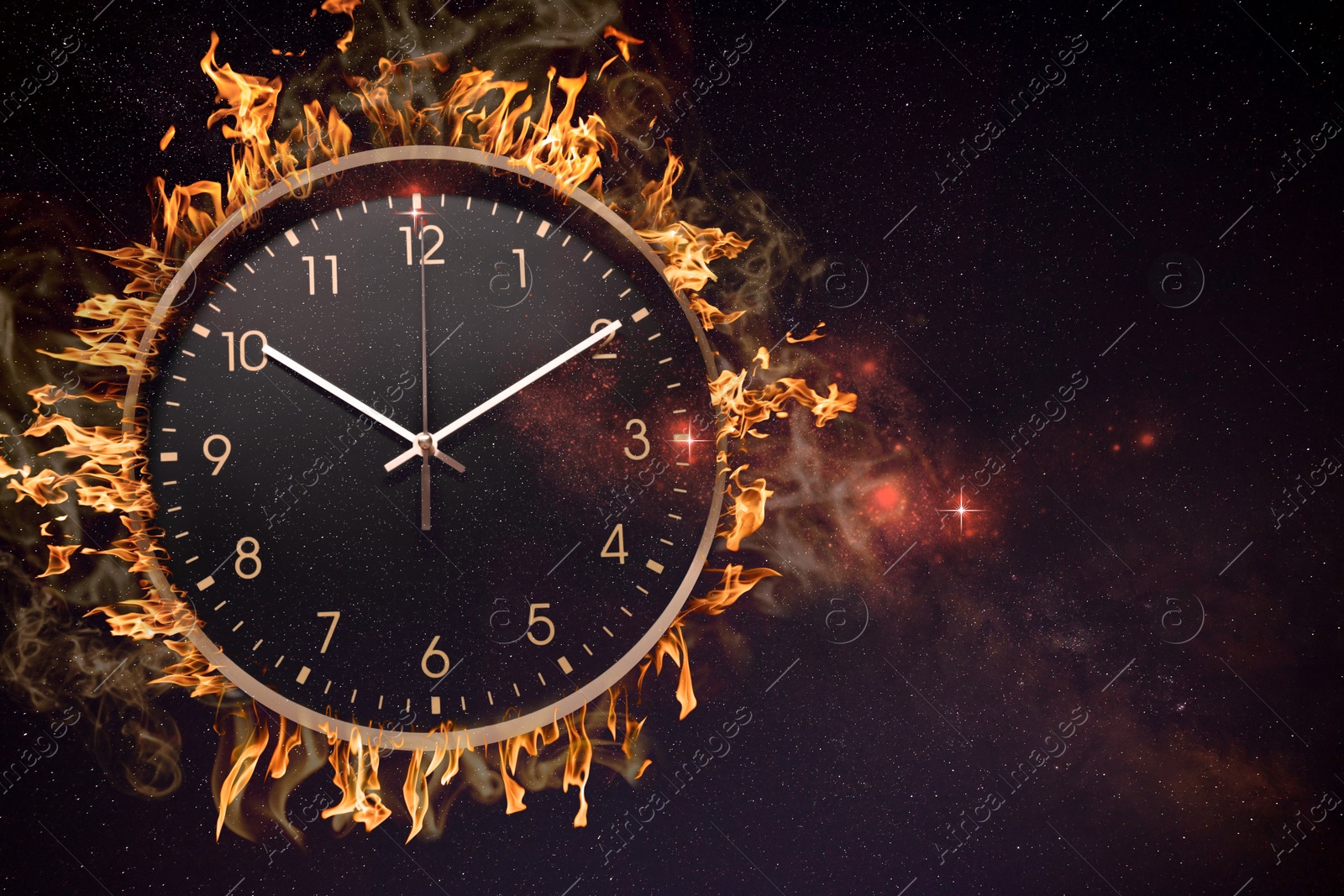 Image of Clock in flames and night starry sky, double exposure. Time concept