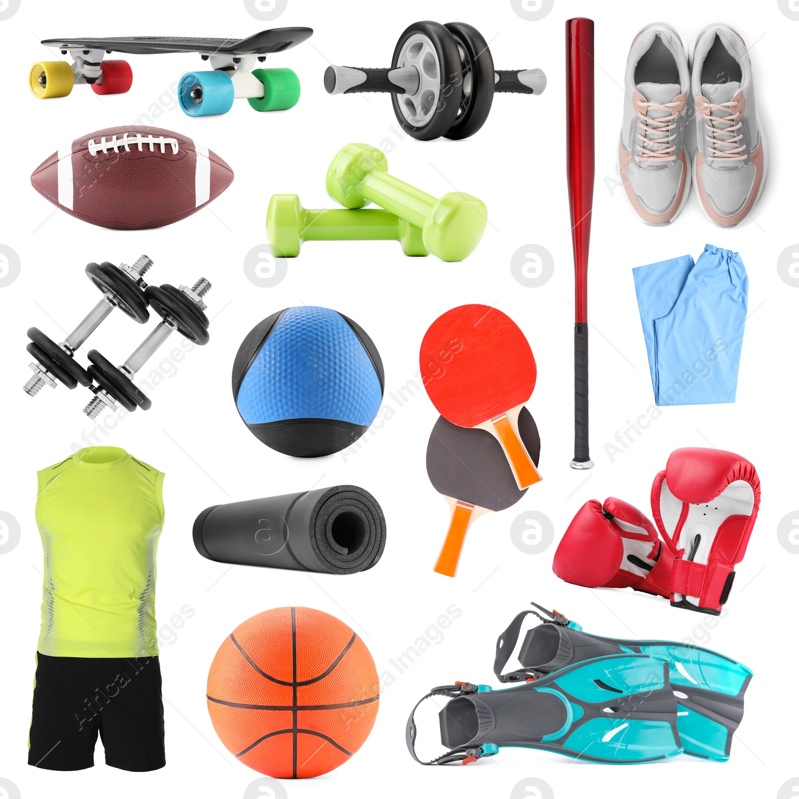 Image of Different sport equipment isolated on white, set