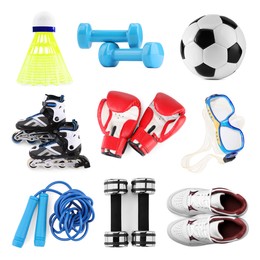 Different sport equipment isolated on white, set