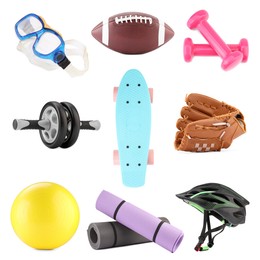 Image of Different sport equipment isolated on white, set