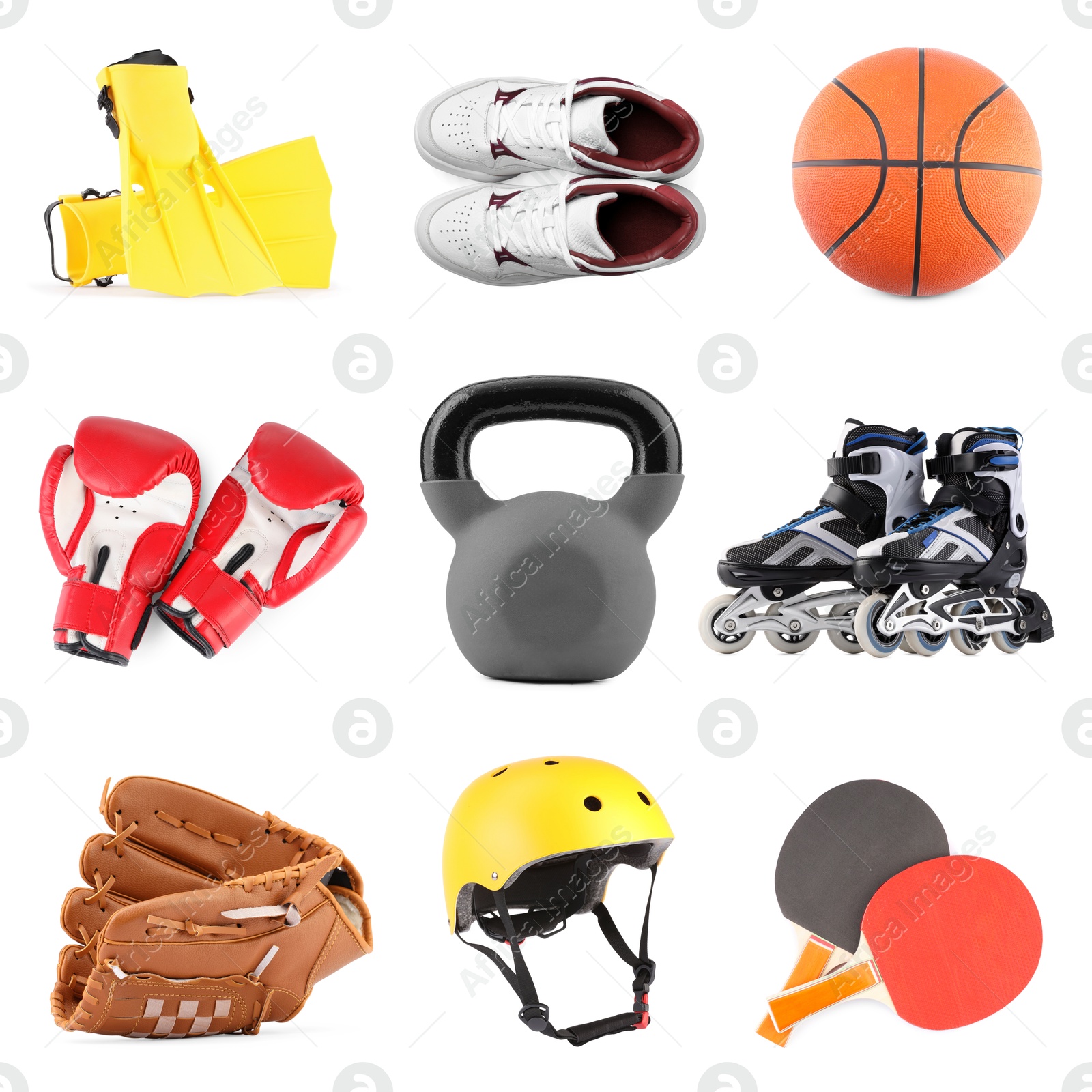 Image of Different sport equipment isolated on white, set