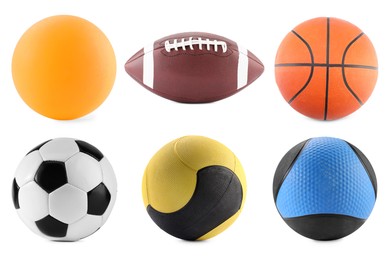Different balls isolated on white, set. Sport equipment