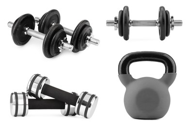 Weight lifting gear isolated on white, set. Sport equipment