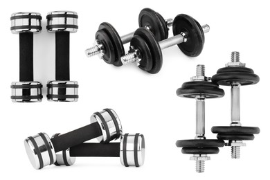 Image of Metal dumbbells isolated on white, set. Sport equipment