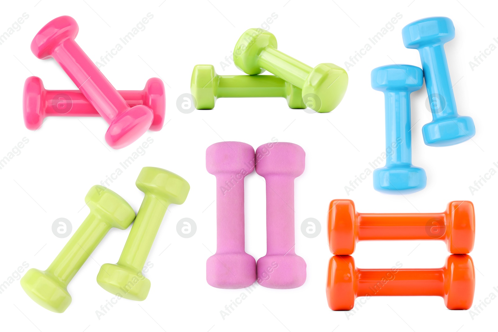 Image of Colorful dumbbells isolated on white, set. Sport equipment