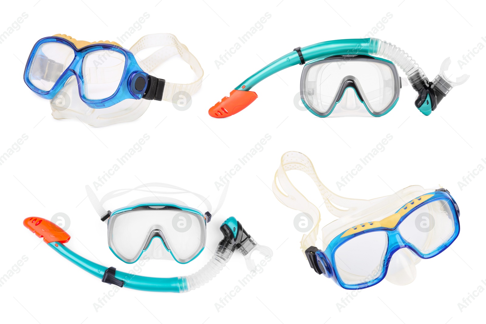 Image of Diving masks and snorkels isolated on white, set. Sport equipment