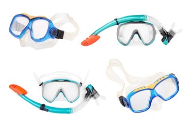 Diving masks and snorkels isolated on white, set. Sport equipment