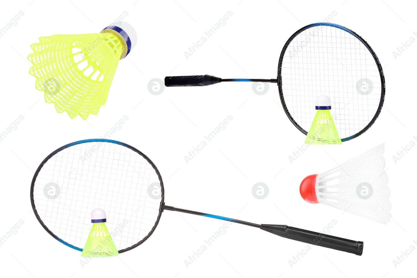 Image of Professional badminton gear isolated on white, set. Sport equipment