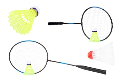 Professional badminton gear isolated on white, set. Sport equipment