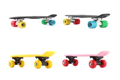 Different skateboards isolated on white, set. Sport equipment
