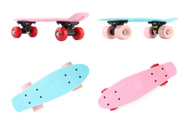 Different skateboards isolated on white, set. Sport equipment