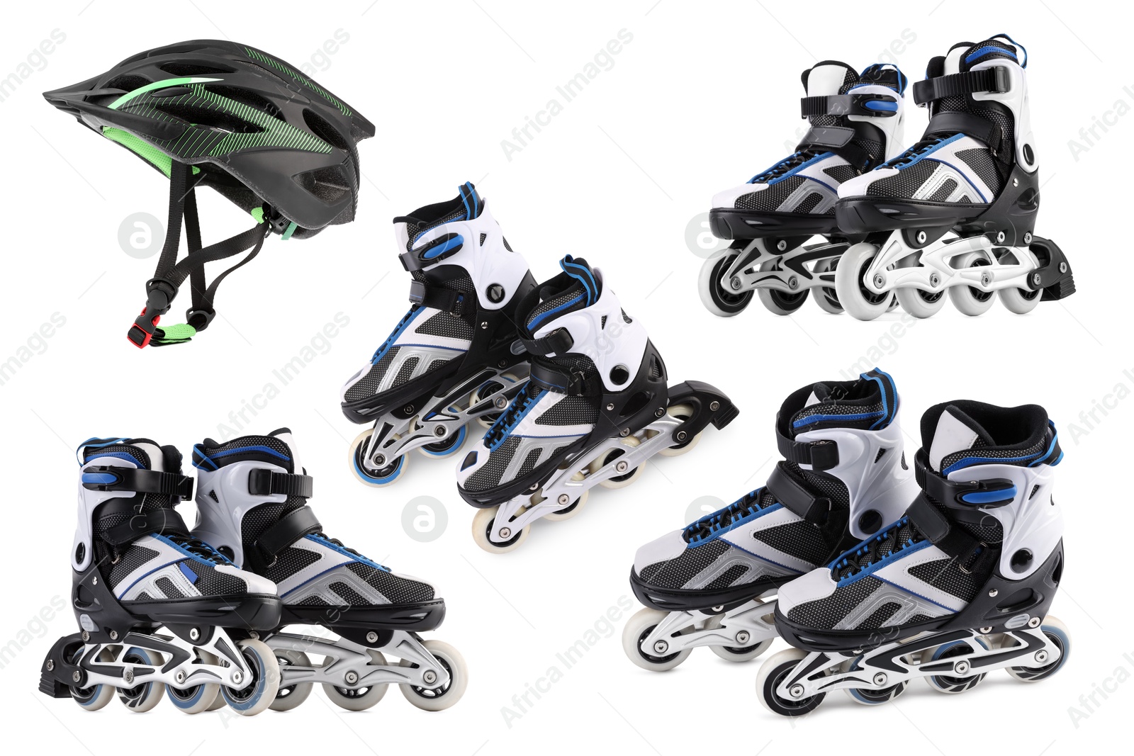 Image of Skate rollers and helmet isolated on white, set. Sport equipment