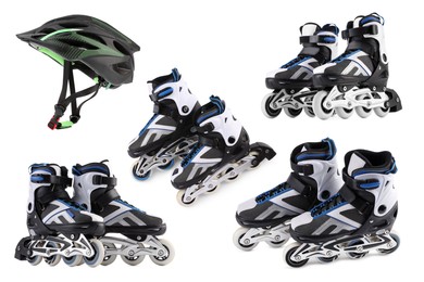 Skate rollers and helmet isolated on white, set. Sport equipment