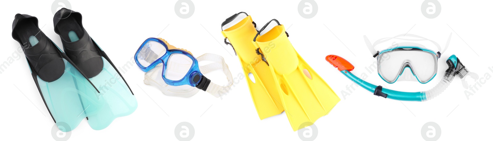 Image of Diving gear isolated on white, set. Sport equipment