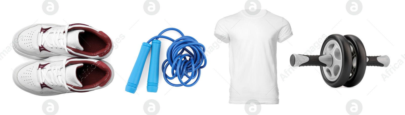 Image of Sport equipment, t-shirt and sneakers isolated on white, set