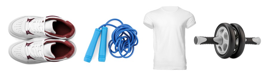 Sport equipment, t-shirt and sneakers isolated on white, set