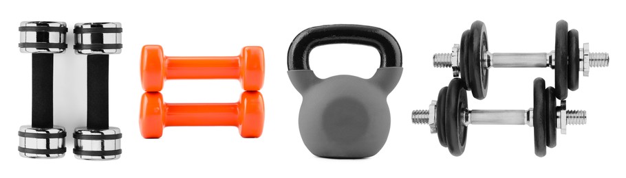 Image of Weight lifting gear isolated on white, set. Sport equipment