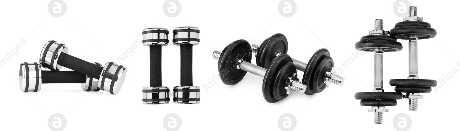 Image of Metal dumbbells isolated on white, set. Sport equipment