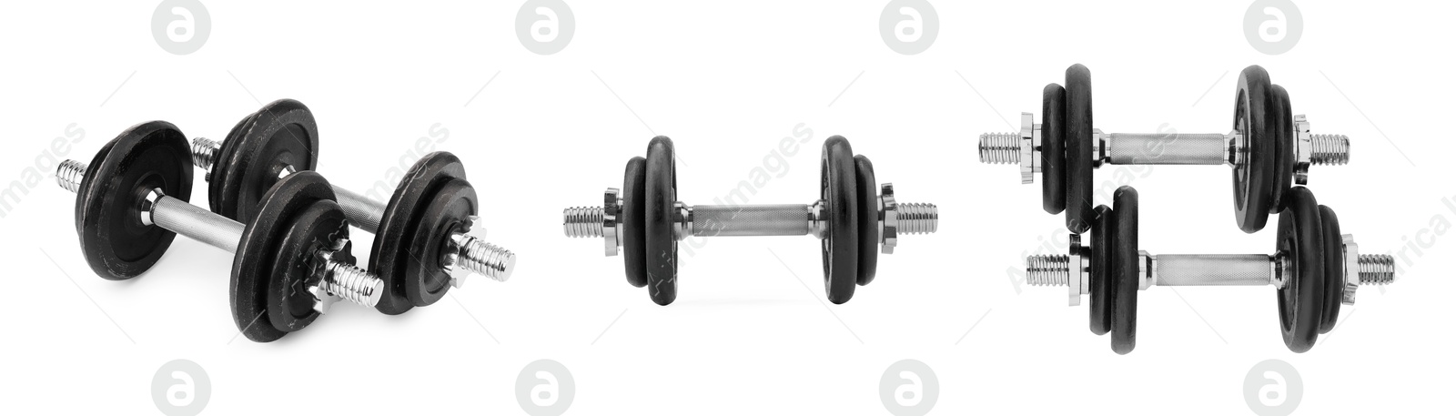 Image of Metal dumbbells isolated on white, set. Sport equipment