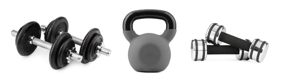 Image of Weight lifting gear isolated on white, set. Sport equipment