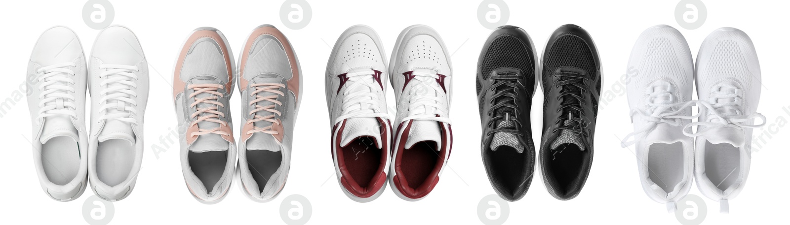 Image of Set of different sneakers isolated on white, top view. Sportive clothing