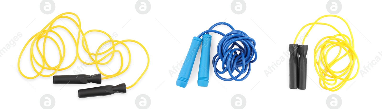 Image of Different skipping ropes on white background, set. Sport equipment