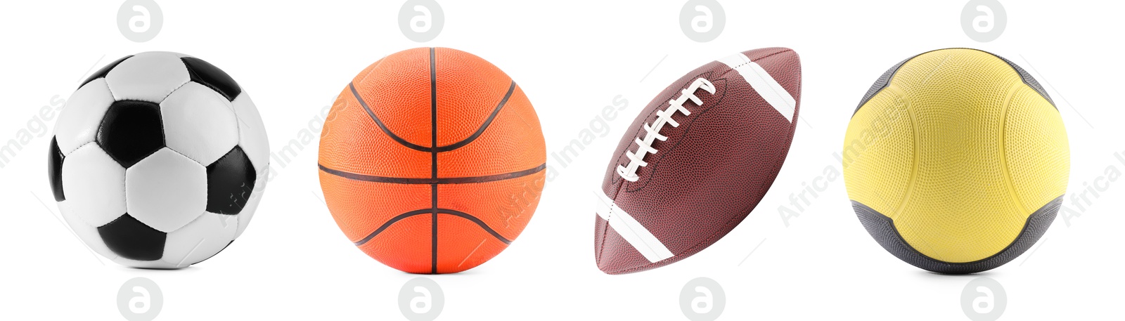 Image of Different balls isolated on white, set. Sport equipment