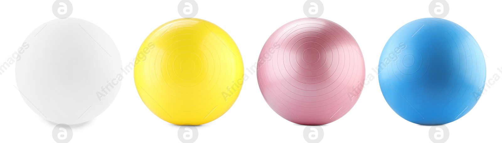 Image of Fitness balls in different colors isolated on white, set. Sport equipment