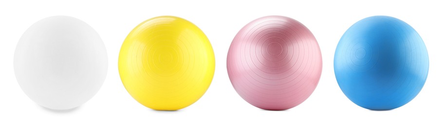 Image of Fitness balls in different colors isolated on white, set. Sport equipment