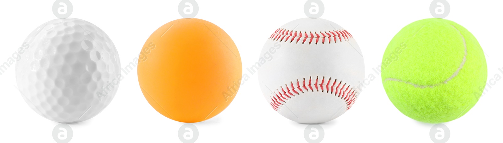 Image of Different balls isolated on white, set. Sport equipment