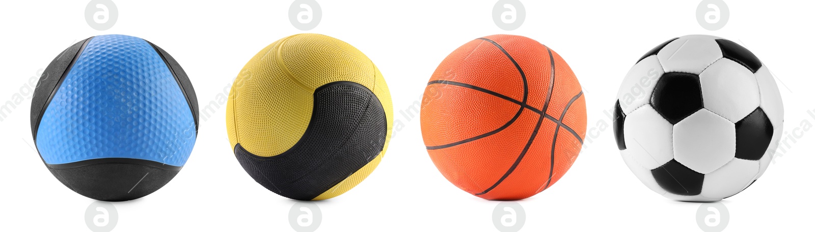 Image of Different balls isolated on white, set. Sport equipment