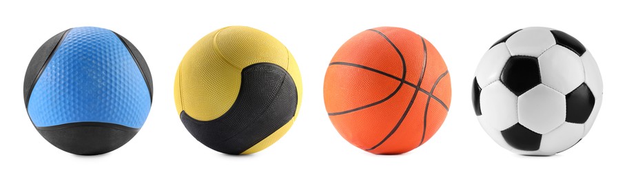 Image of Different balls isolated on white, set. Sport equipment