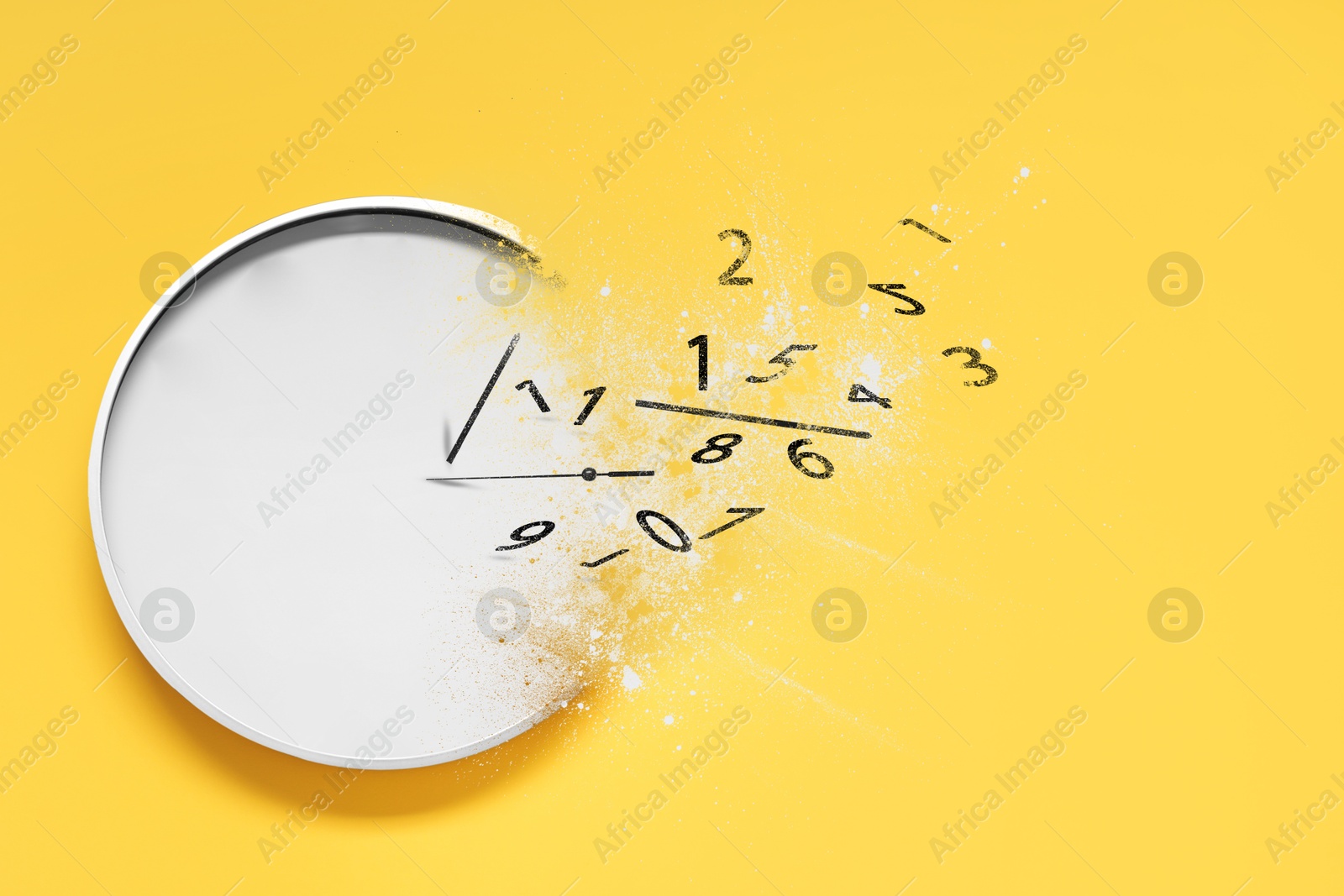 Image of Analog clock dissolving on yellow background. Time is running out