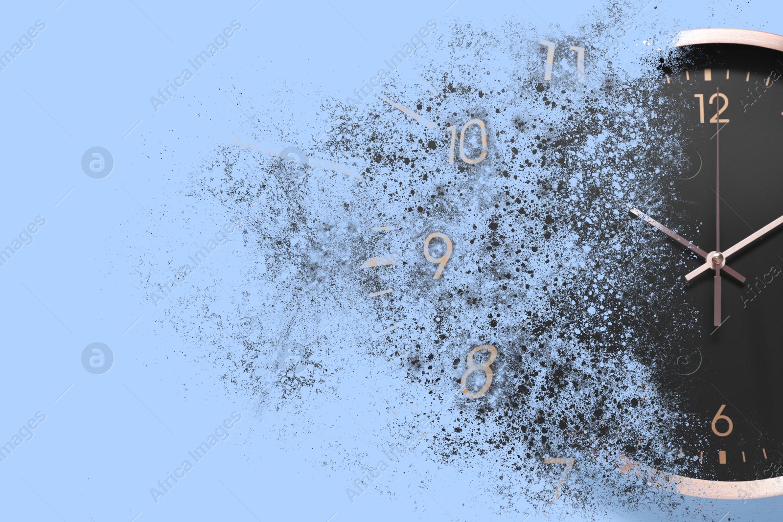 Image of Analog clock dissolving on light blue background. Time is running out