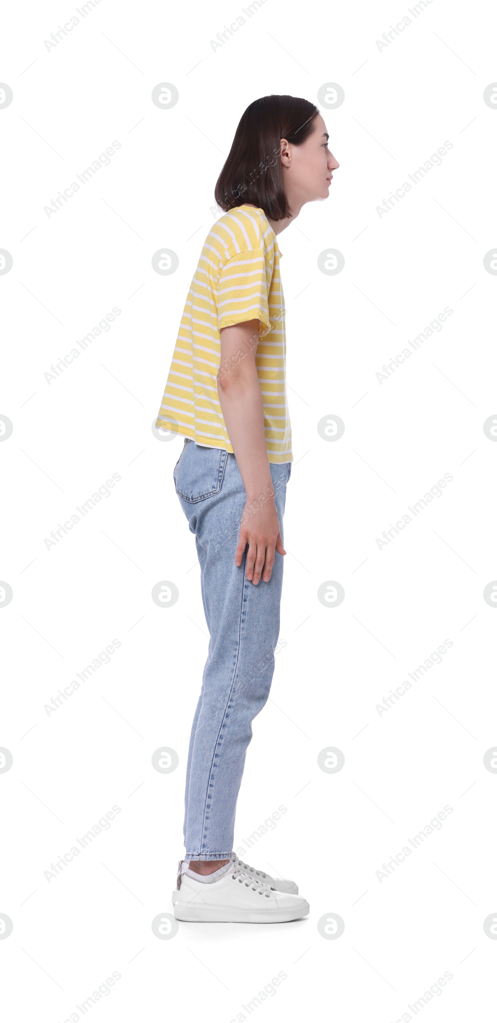 Photo of Woman with poor posture on white background