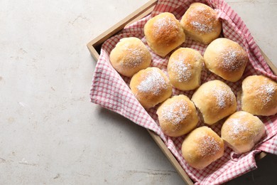 Delicious dough balls on light table, above view. Space for text