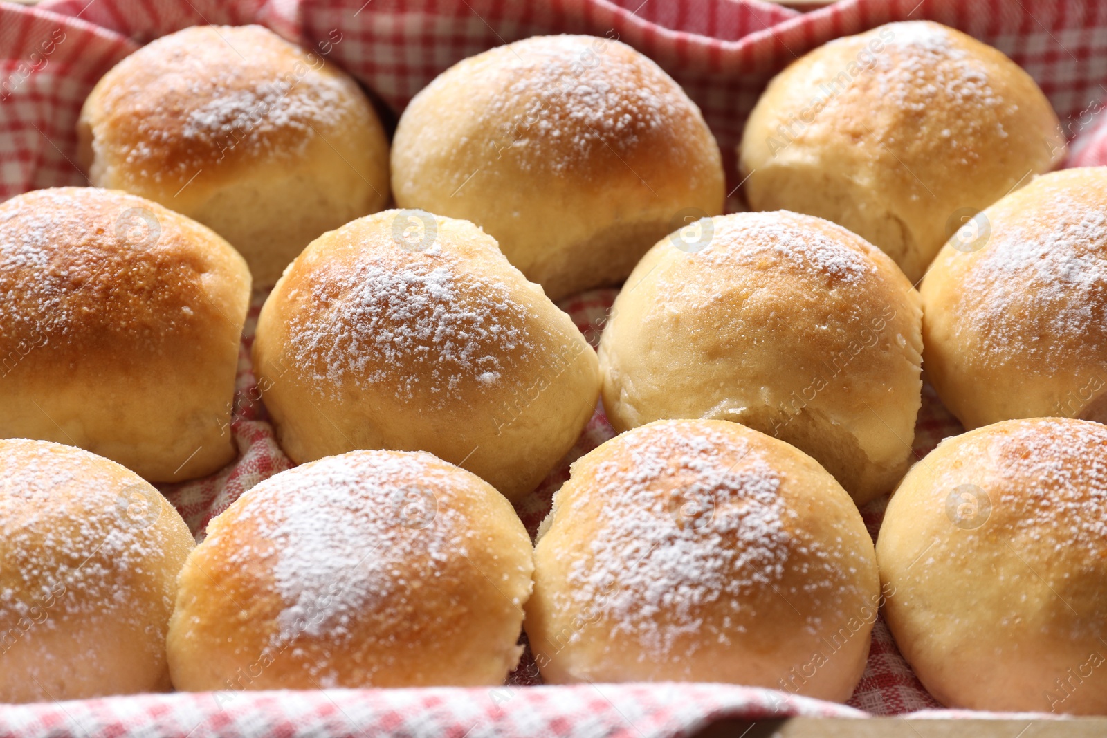 Photo of Many delicious homemade dough balls, closeup view