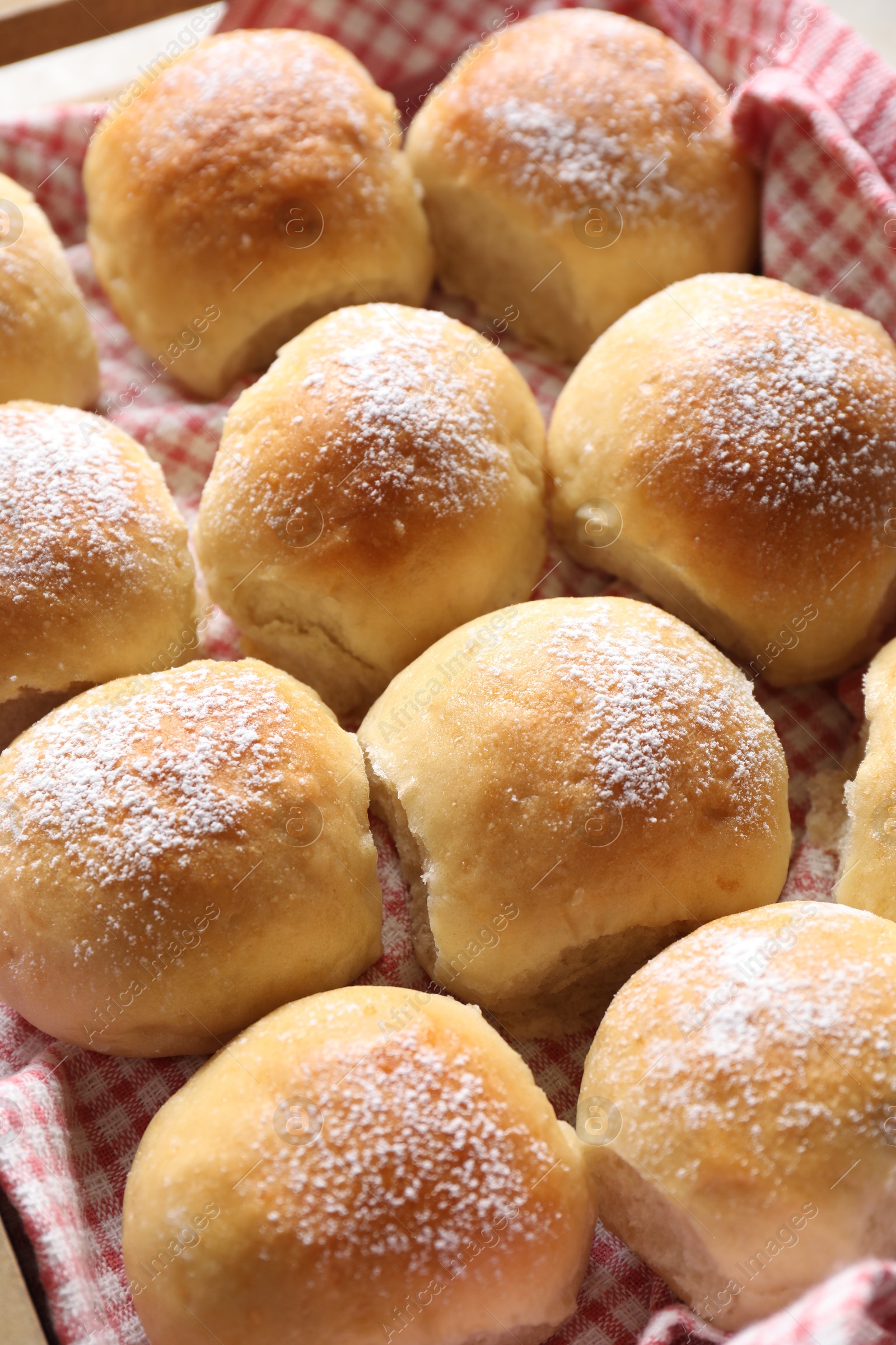 Photo of Many delicious homemade dough balls, closeup view