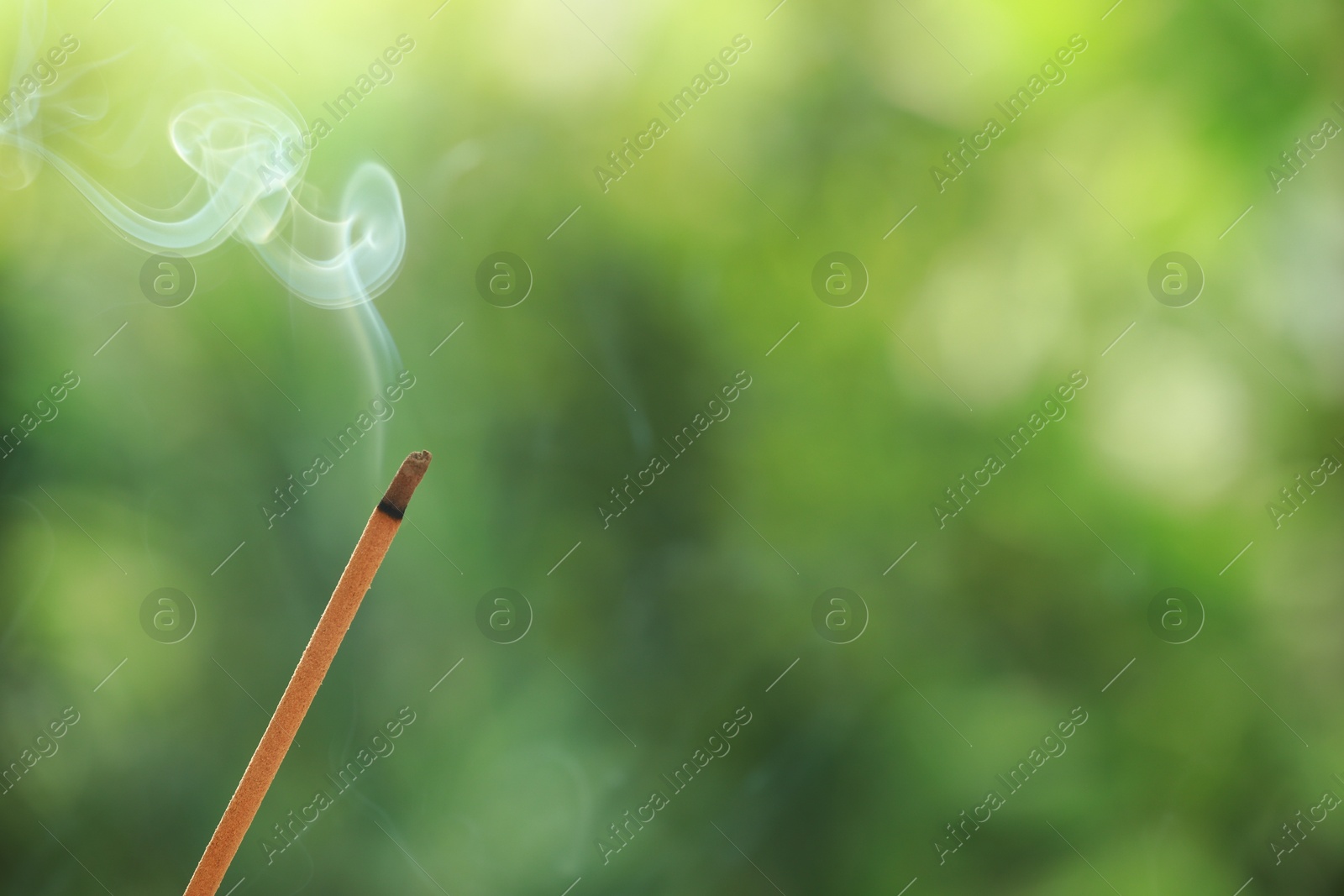 Photo of Incense stick smoldering on green blurred background, space for text