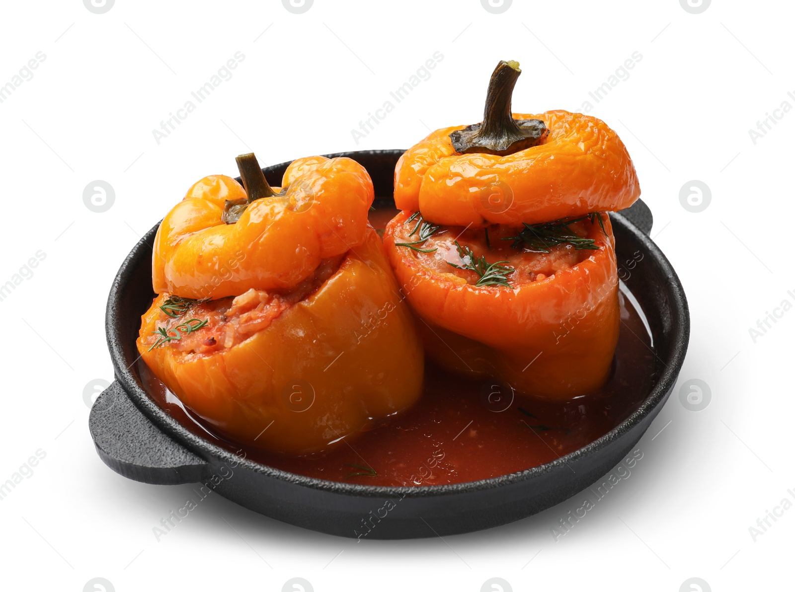 Photo of Tasty stuffed peppers in pan isolated on white