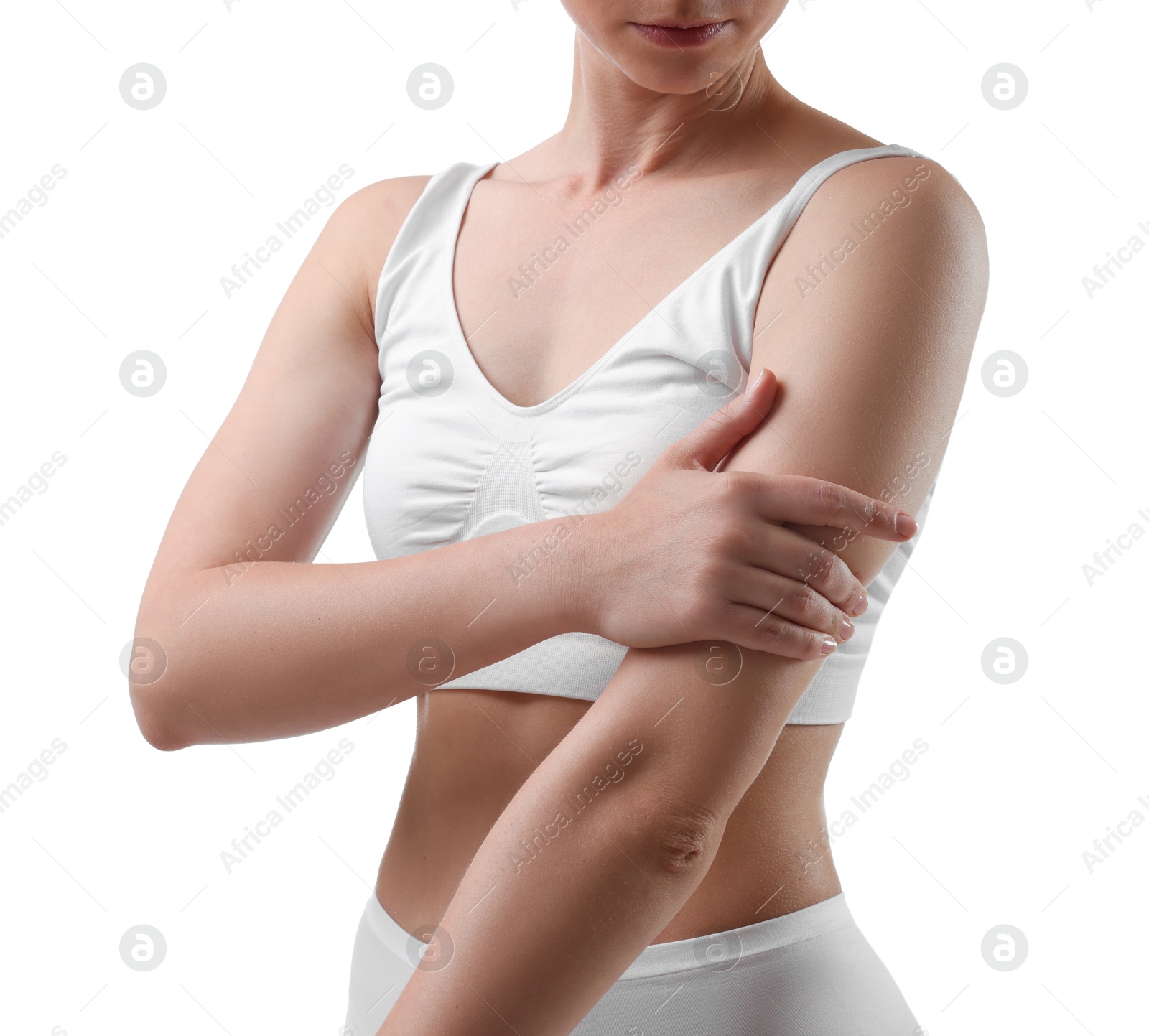 Photo of Sporty woman on white background, closeup view