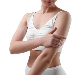 Photo of Sporty woman on white background, closeup view