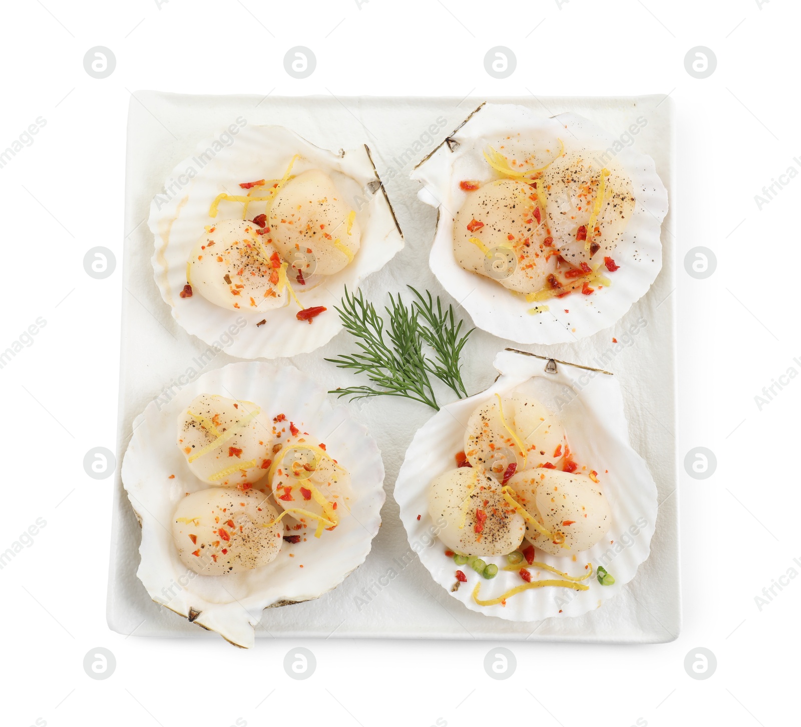 Photo of Raw scallops with spices, lemon zest, dill and shells isolated on white, top view
