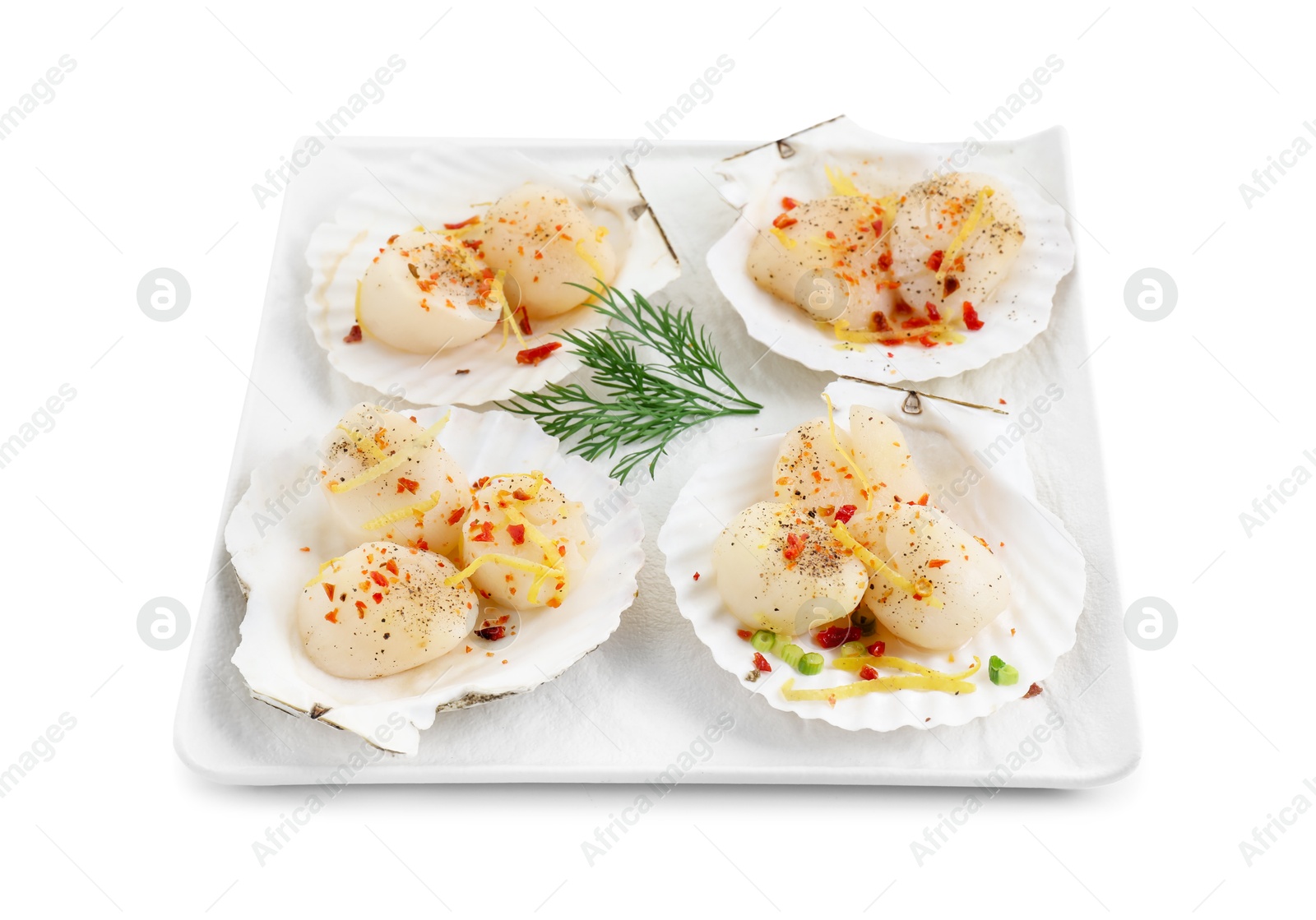 Photo of Raw scallops with spices, lemon zest, dill and shells isolated on white