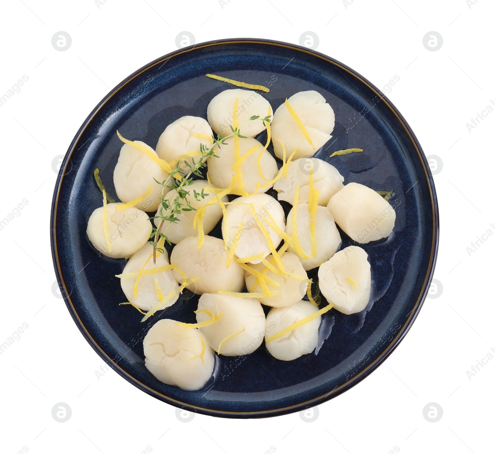 Photo of Raw scallops with thyme and lemon zest isolated on white, top view