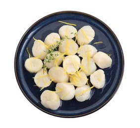 Photo of Raw scallops with thyme and lemon zest isolated on white, top view