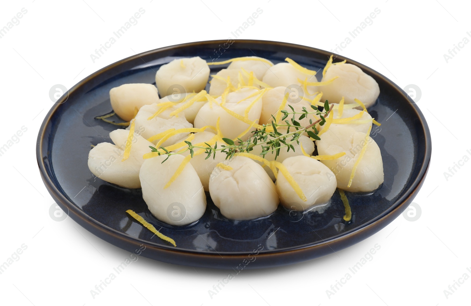Photo of Raw scallops with thyme and lemon zest isolated on white