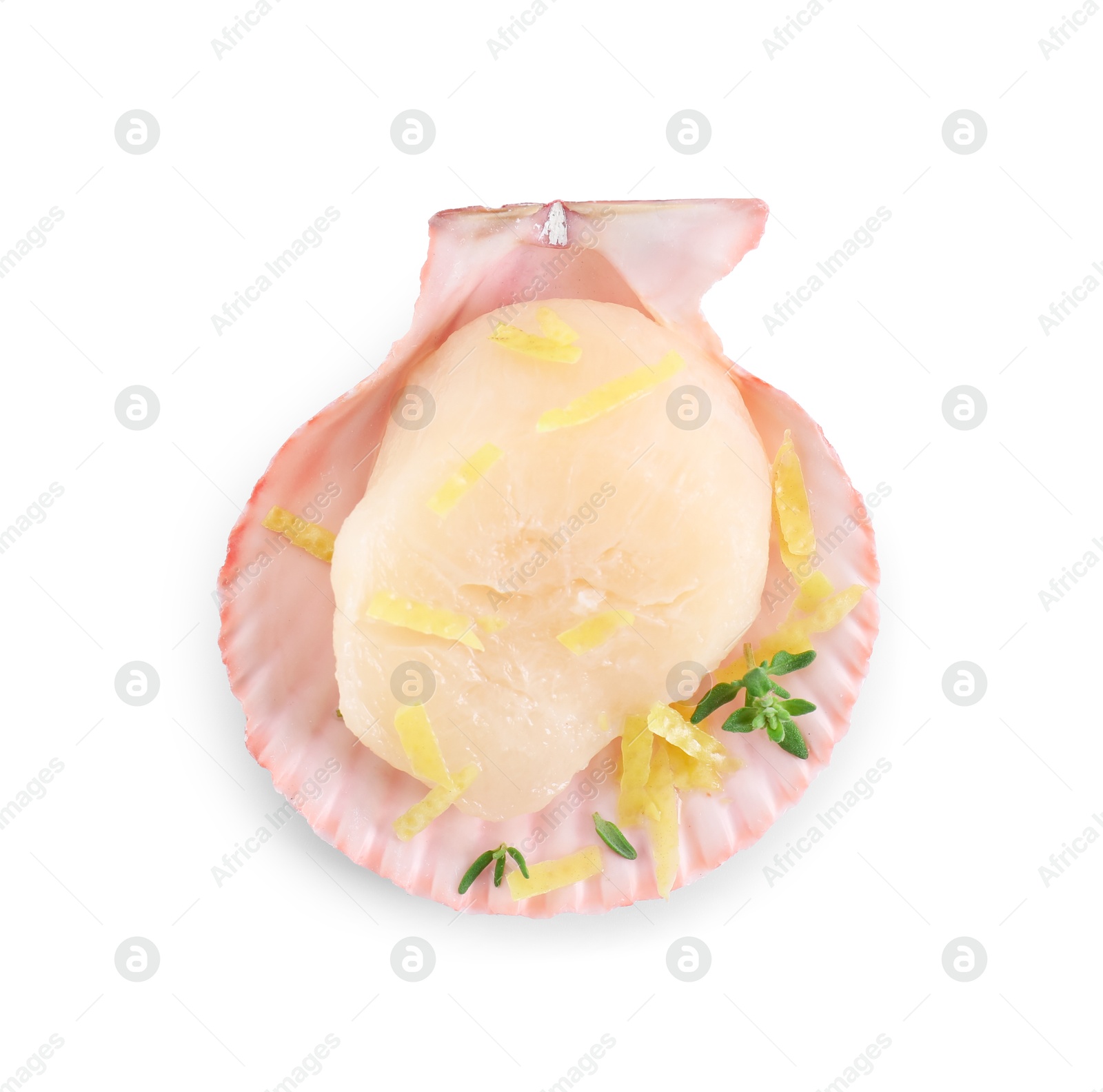 Photo of Raw scallop with lemon zest, thyme and shell isolated on white, top view