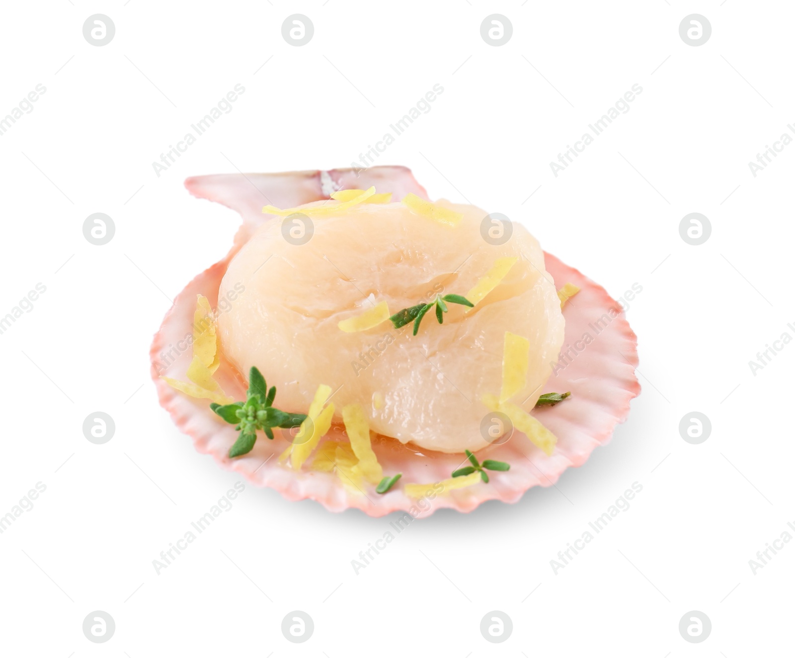 Photo of Raw scallop with lemon zest, thyme and shell isolated on white